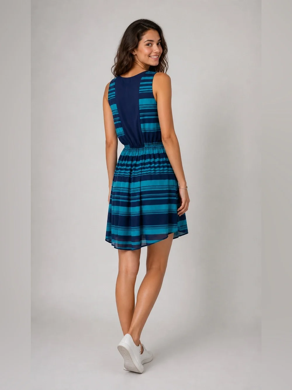 Attention Blue Stripe Hi‎ Low Fit & Flare Tank Dress Sheer Back M